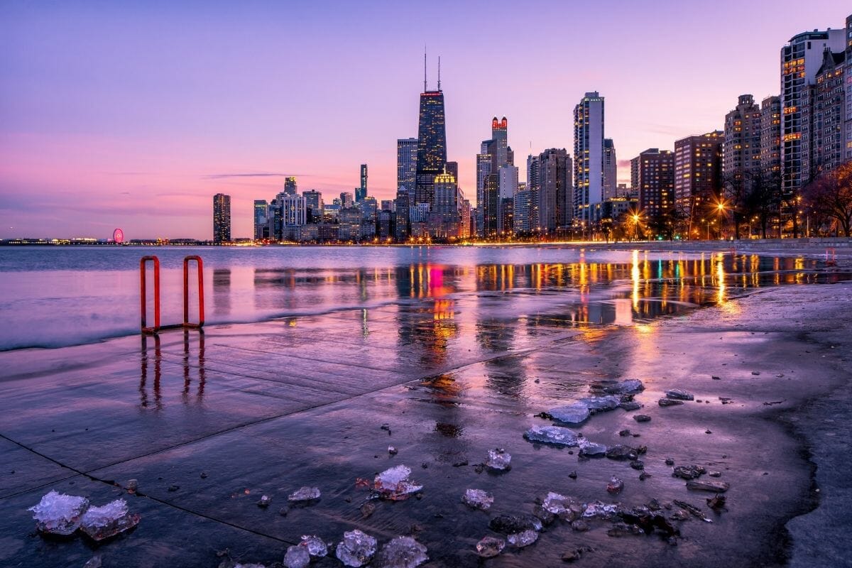 Chicago skyline at sunset during winter in the USA