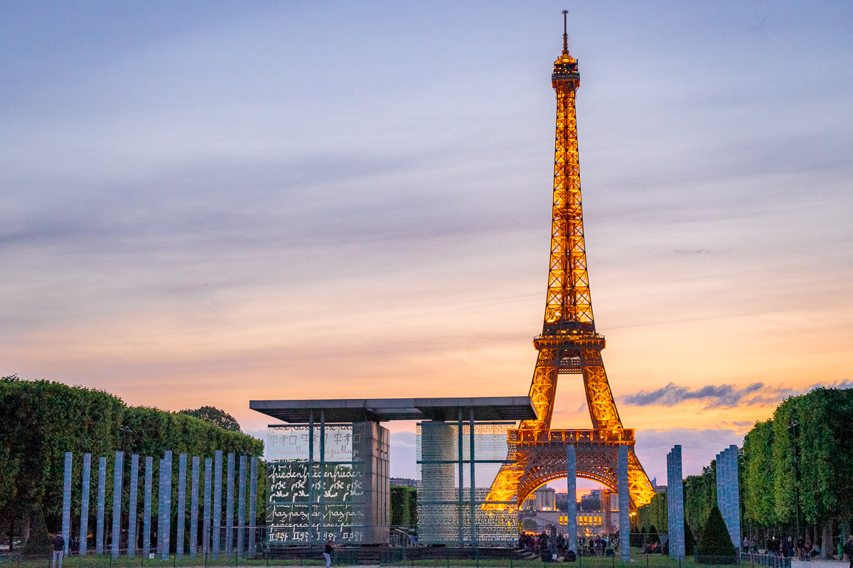 View of the Eiffel Tower from Champ de Mars in Paris