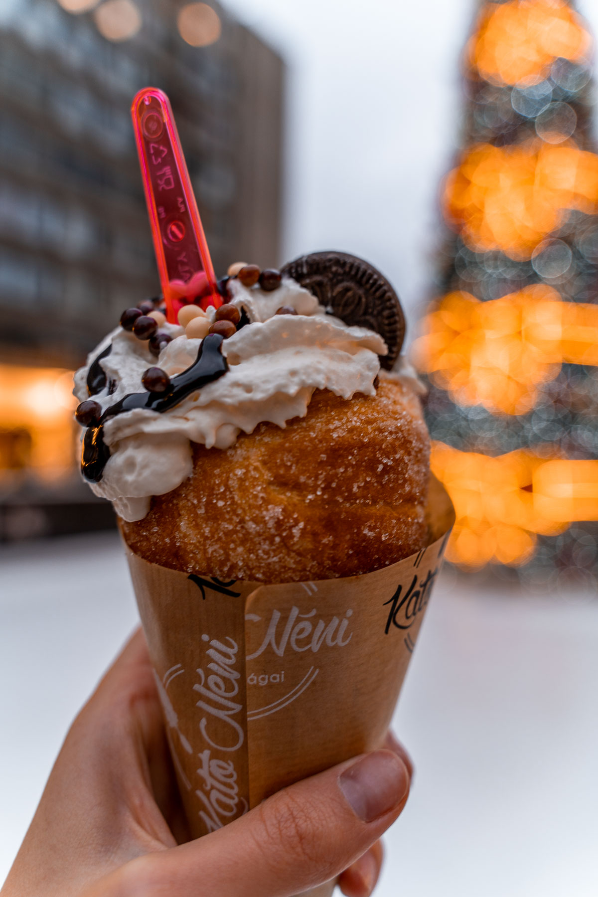 Chimney cake with ice cream at the Christmas markets in Budapest