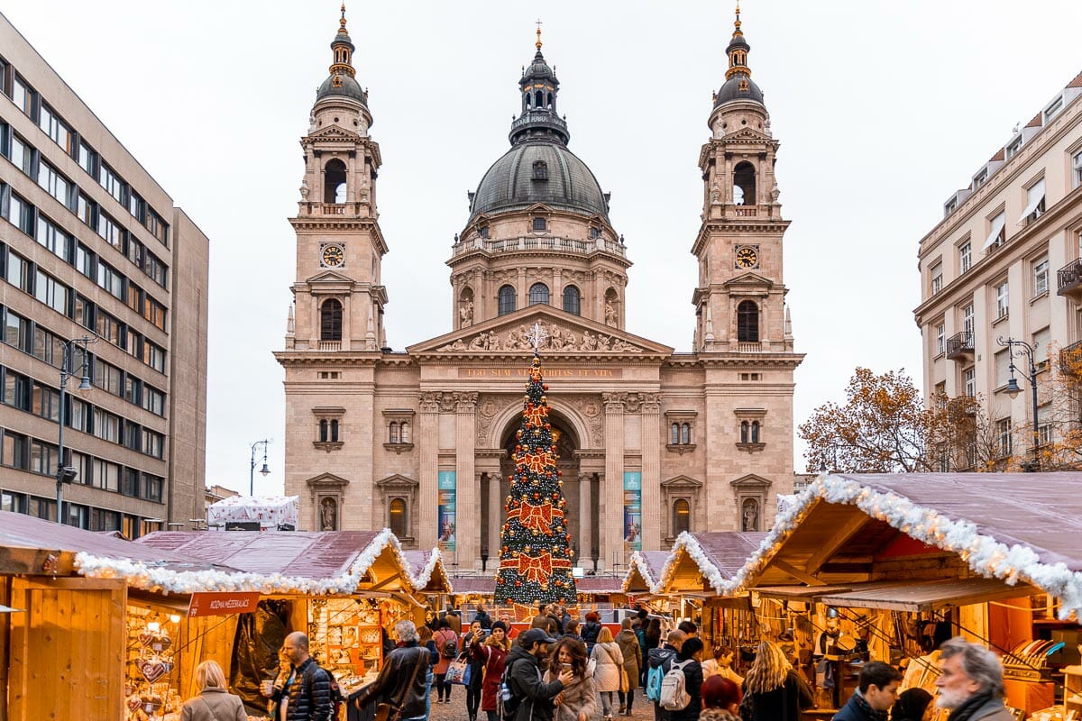 Christmas market in front of the St Stephen Basilica in Budapest