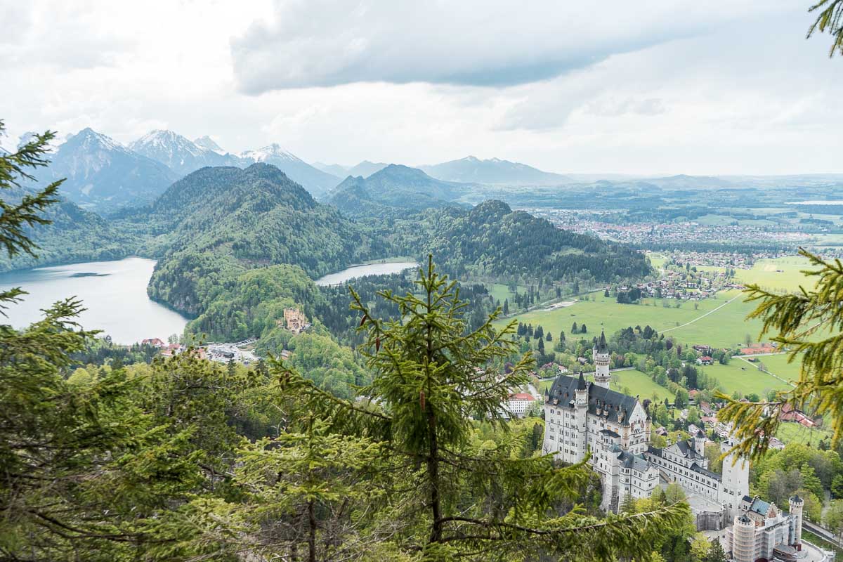 View of the Neuschwanstein Castle and the Hohenschwangau Castle from an upper viewpoint