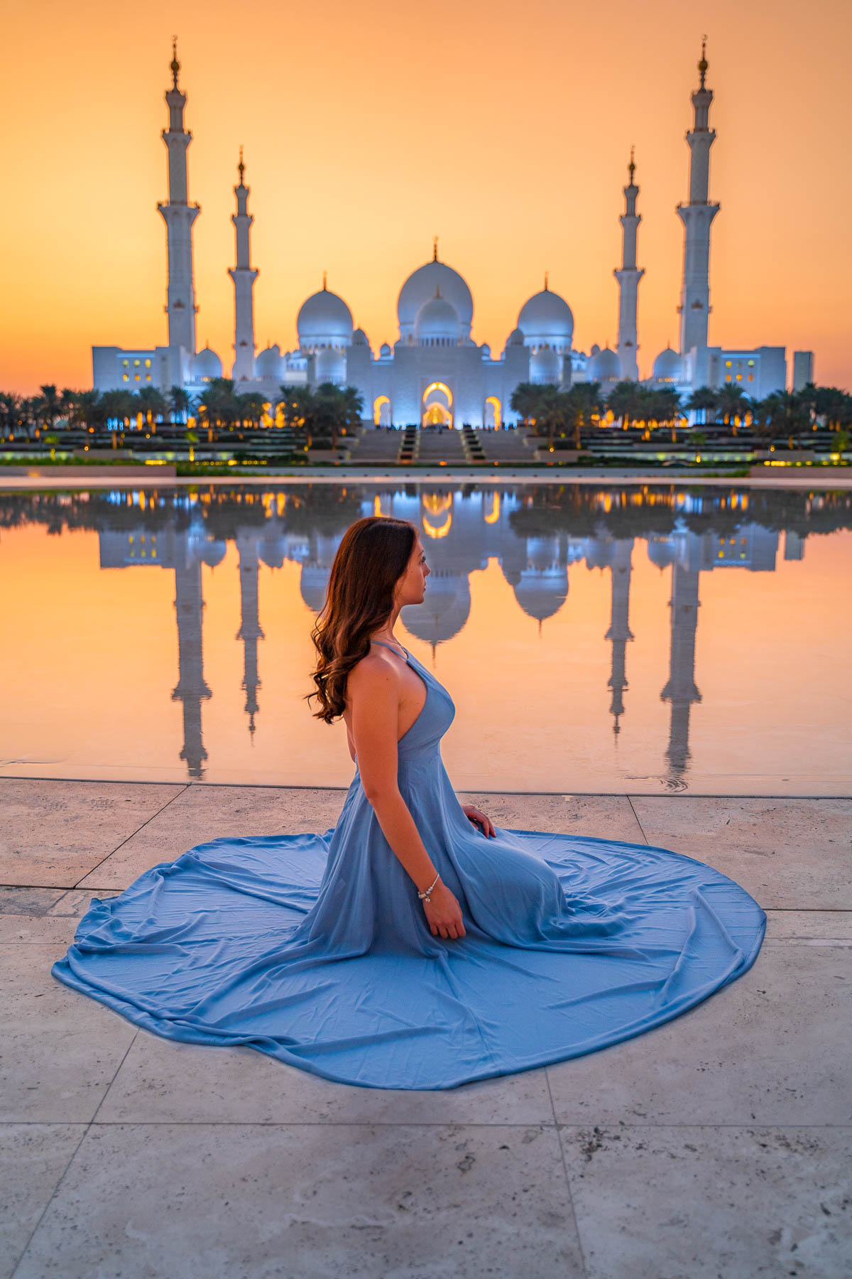 View of the Sheikh Zayed Grand Mosque at sunset from Wahat al Karama, one of the best Instagram spots in Abu Dhabi