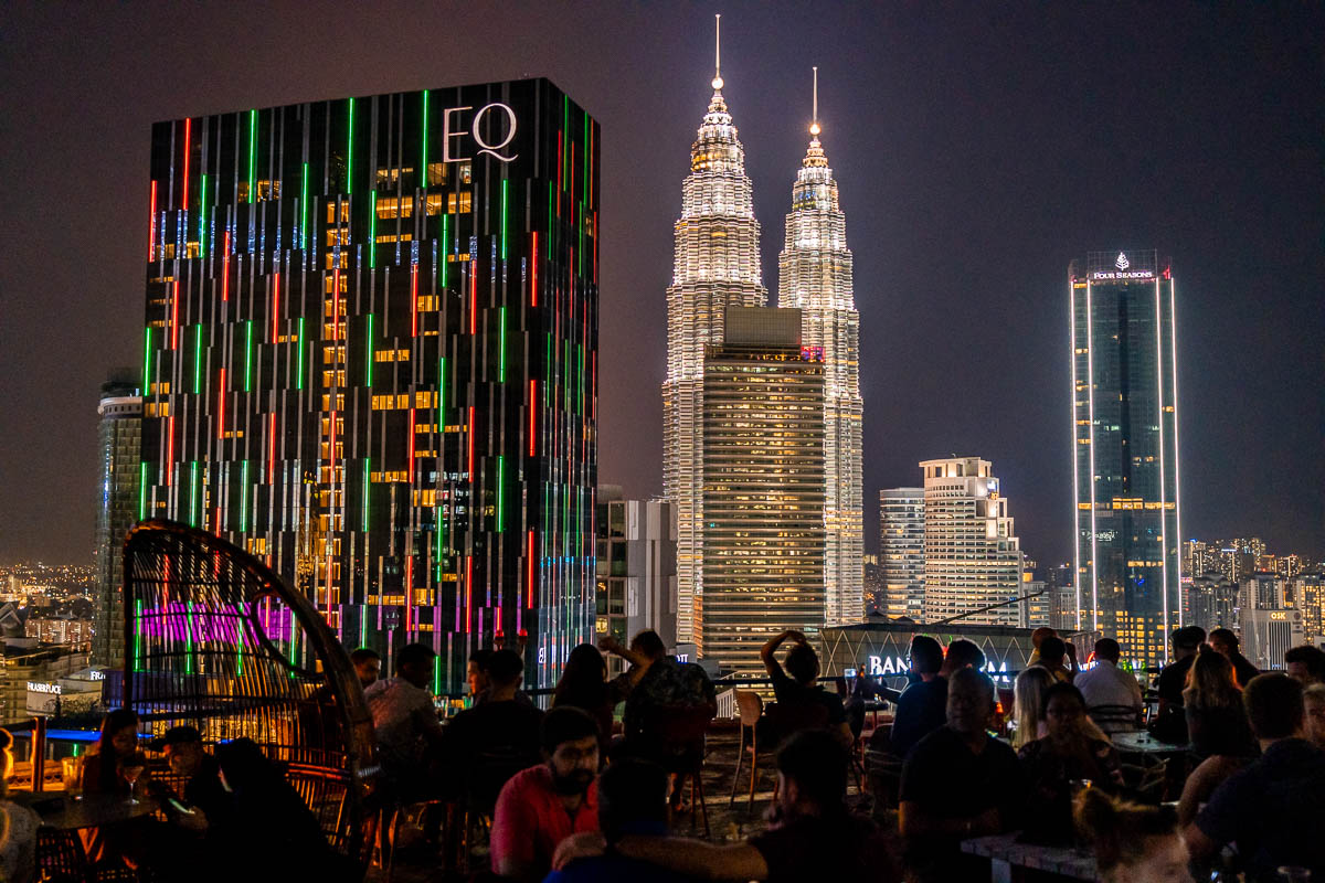 View of the Petronas Towers at night from Heli Lounge Bar, Kuala Lumpur