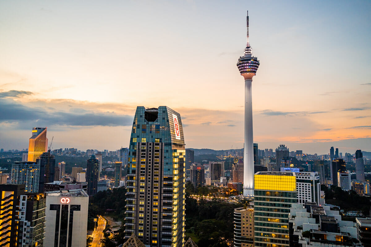 View of the KL Tower at sunset from Heli Lounge Bar, Kuala Lumpur