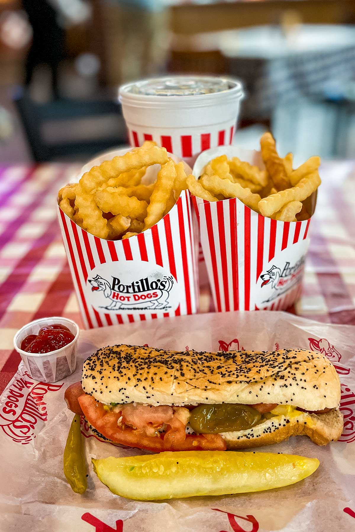 Hot dog and fries at Portillo’s Hot Dogs in Chicago