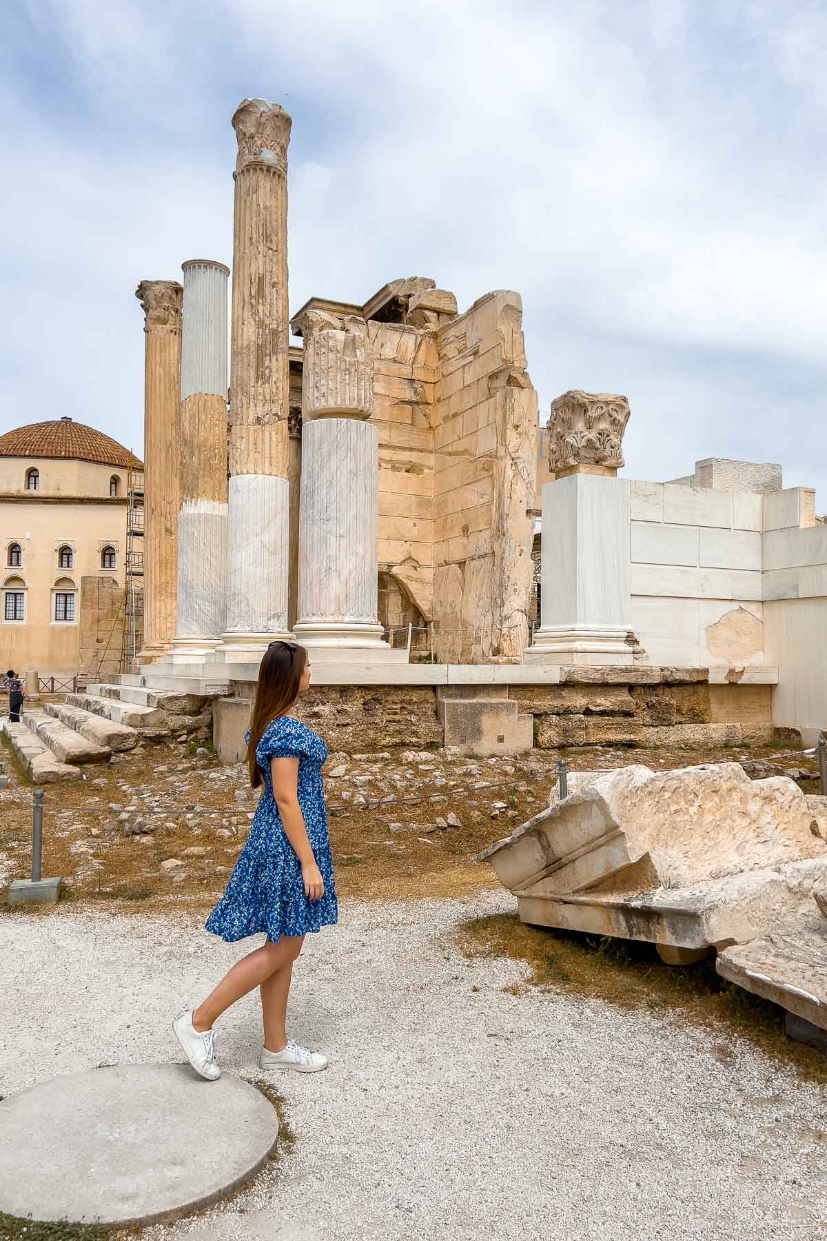 Girl in blue dress at Hadrian's Library, Athens