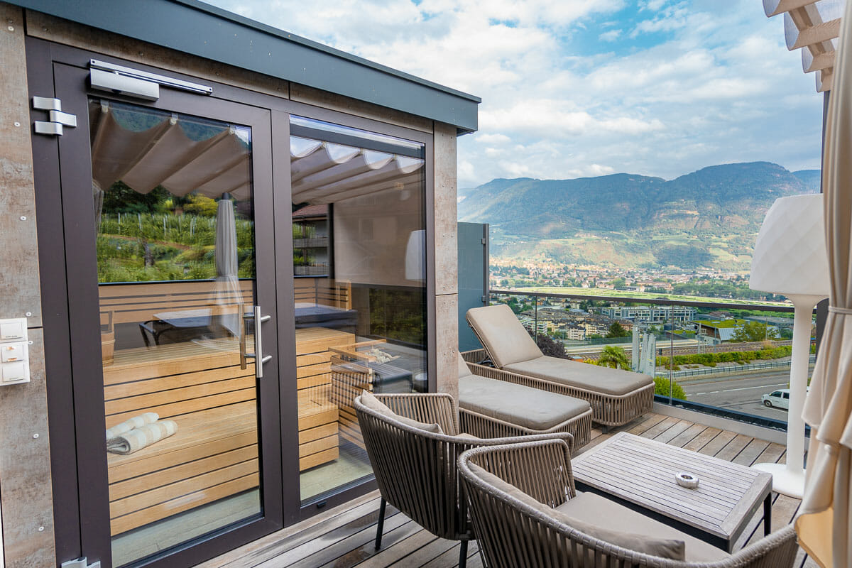 Private sauna on the terrace at Penthouse Suite Lodge Spa at La Maiena Meran Resort