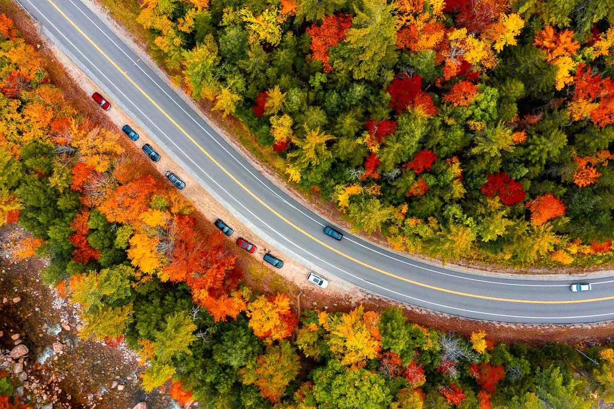 Drone photo of Kancamagus Highway in the fall