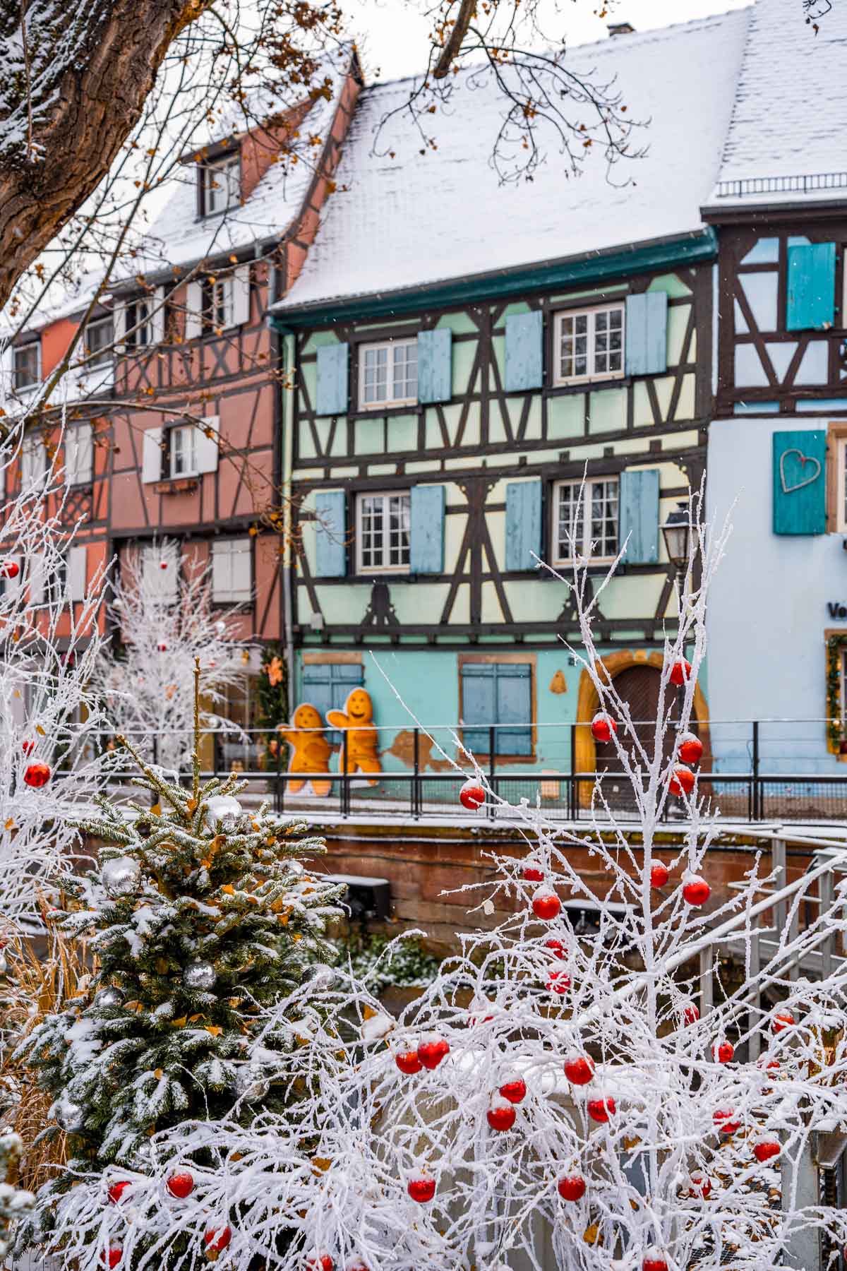 Frosted branches decorated with red ornaments frame a view of pastel-colored half-timbered houses in Petite Venise, Colmar, France. Two large gingerbread figures are placed along the railing by the canal.