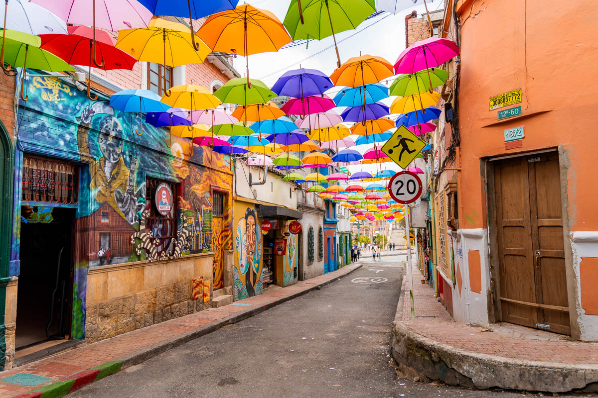 Street art and colorful umbrellas in Bogota