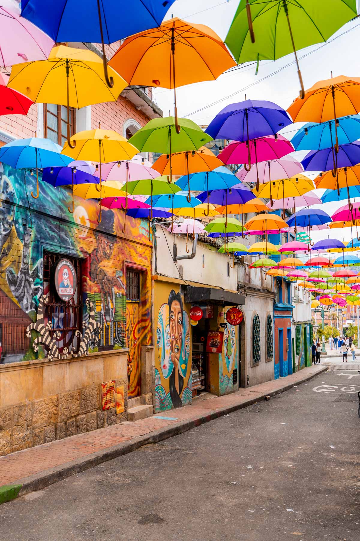 Street art and colorful umbrellas in Bogota