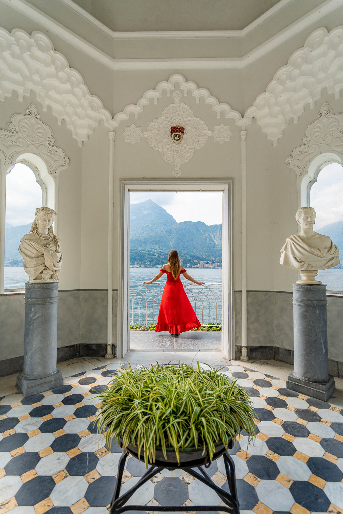 Girl in red dress at Villa Melzi in Bellagio, Lake Como
