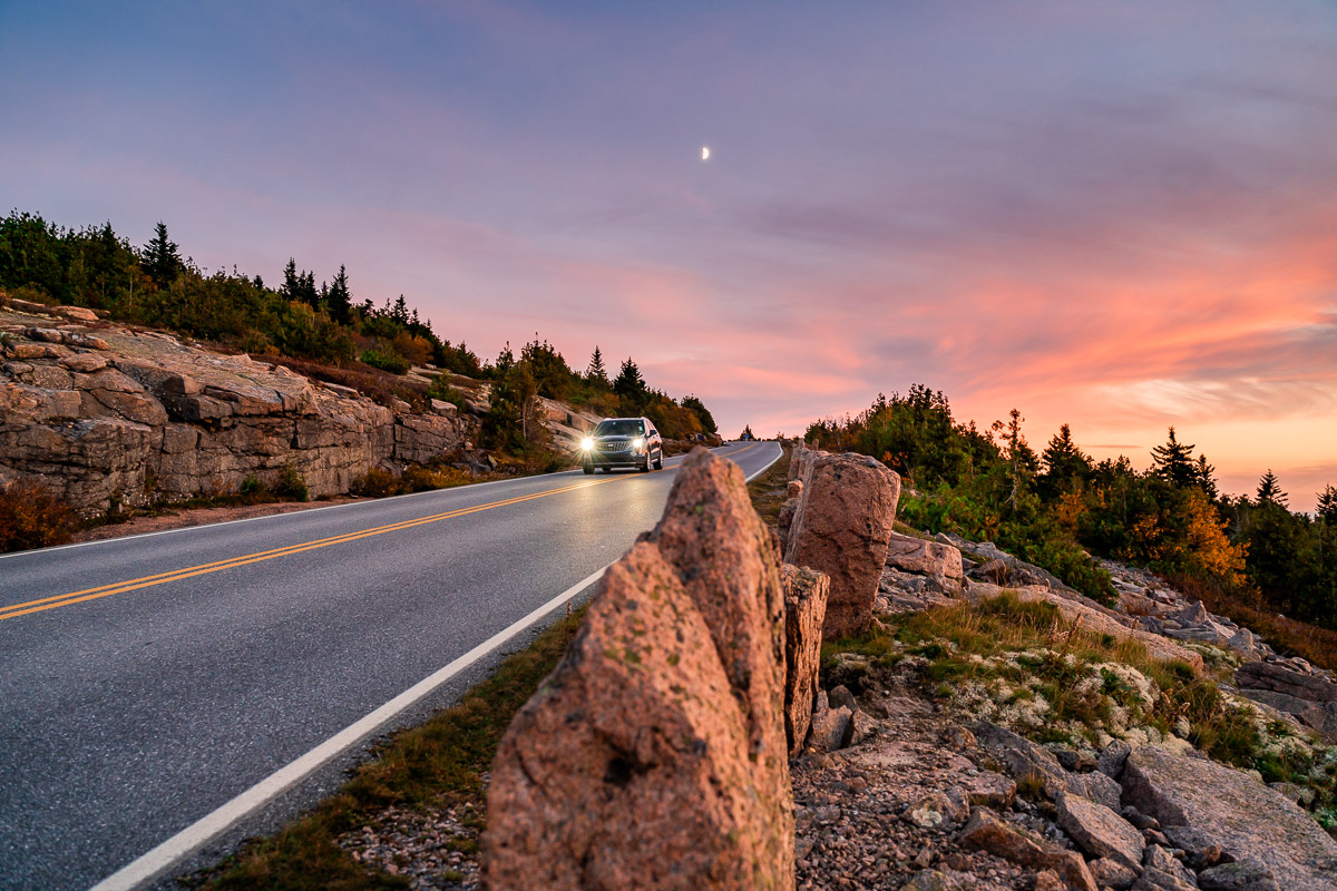 Cadillac Mountain Road in Acadia National Park at sunset