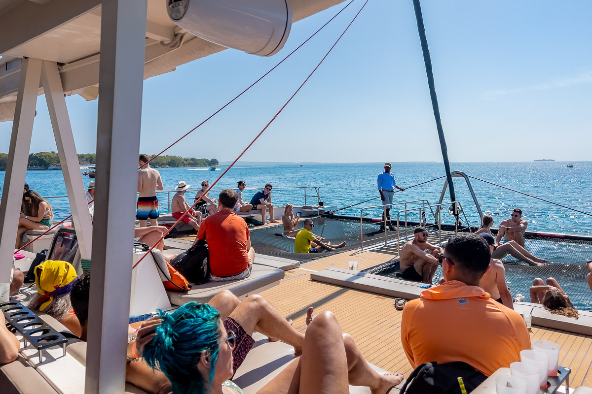 People on board the catamaran on a tour to the Rosalio Islands in Cartagena