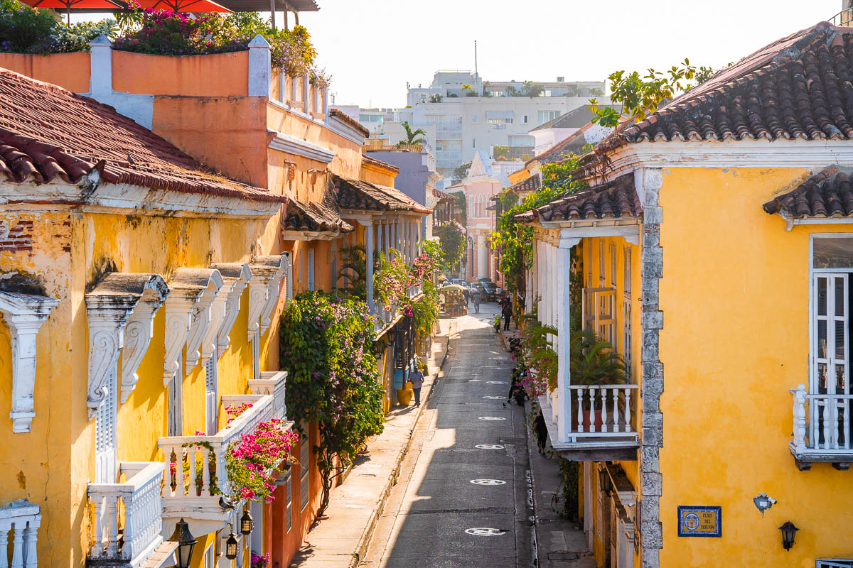 Colorful street with colonial buildings in the Old City of Cartagena