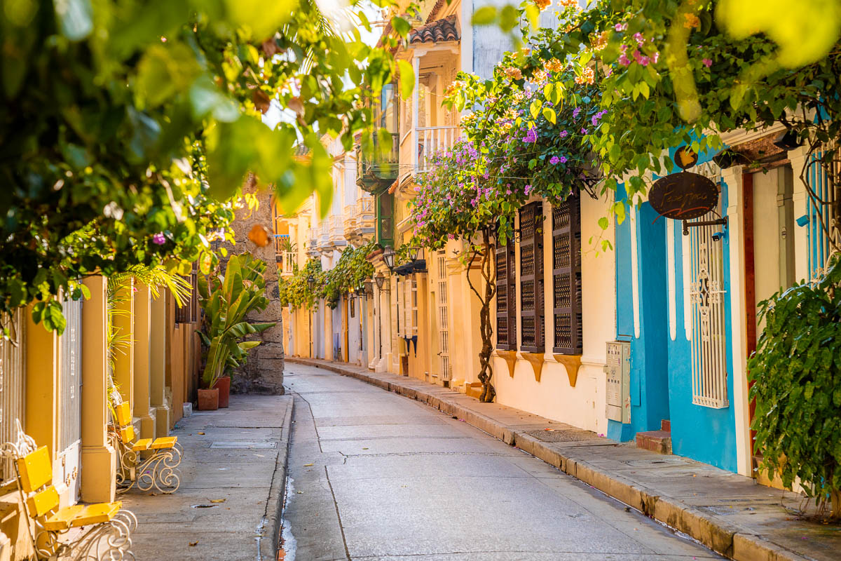 Colorful street with colonial buildings in the Old City of Cartagena