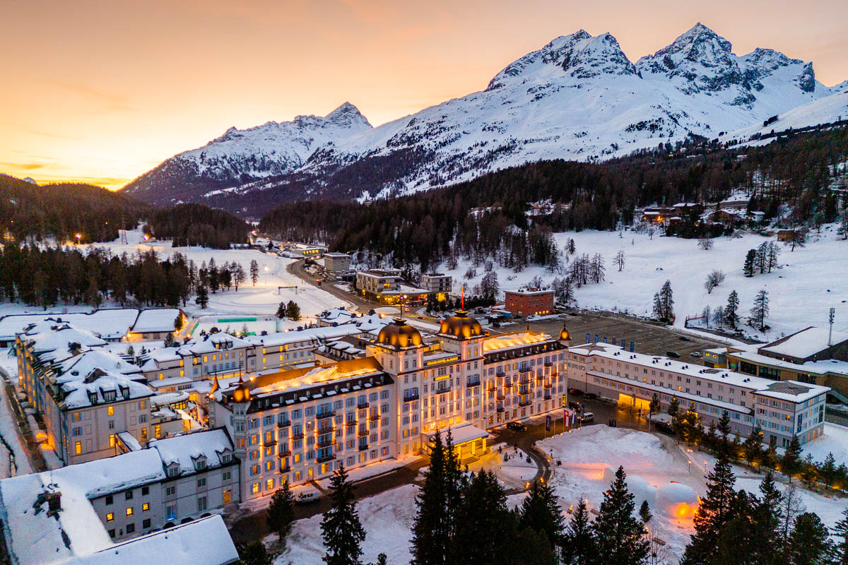 Drone photo of Grand Hotel Des Bains Kempinski St. Moritz at sunset
