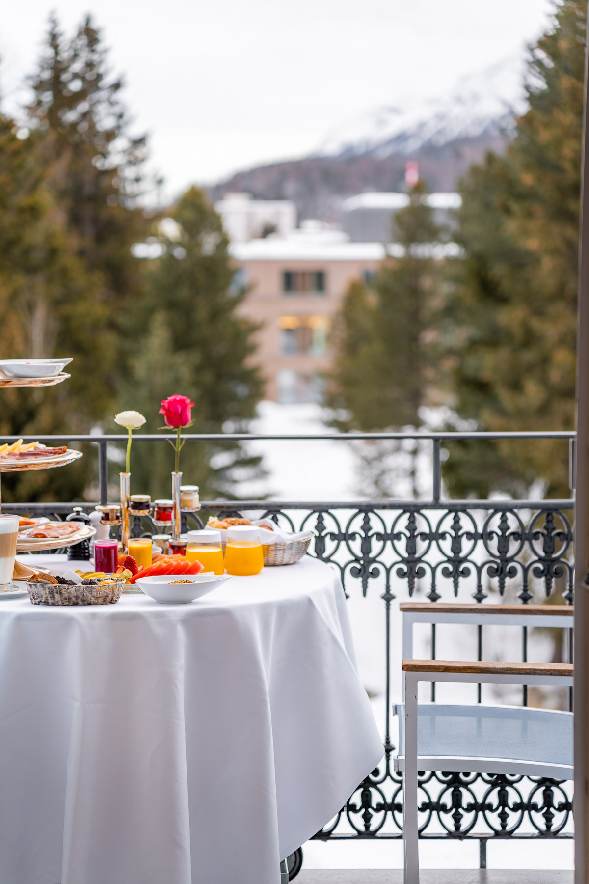 Room service breakfast on the terrace at Kempinski St. Moritz