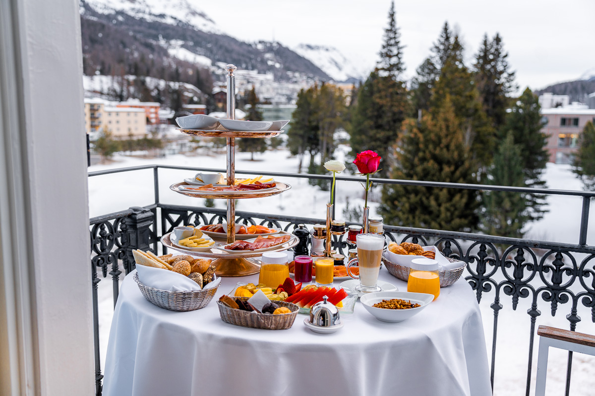 Room service breakfast on the terrace at Kempinski St. Moritz