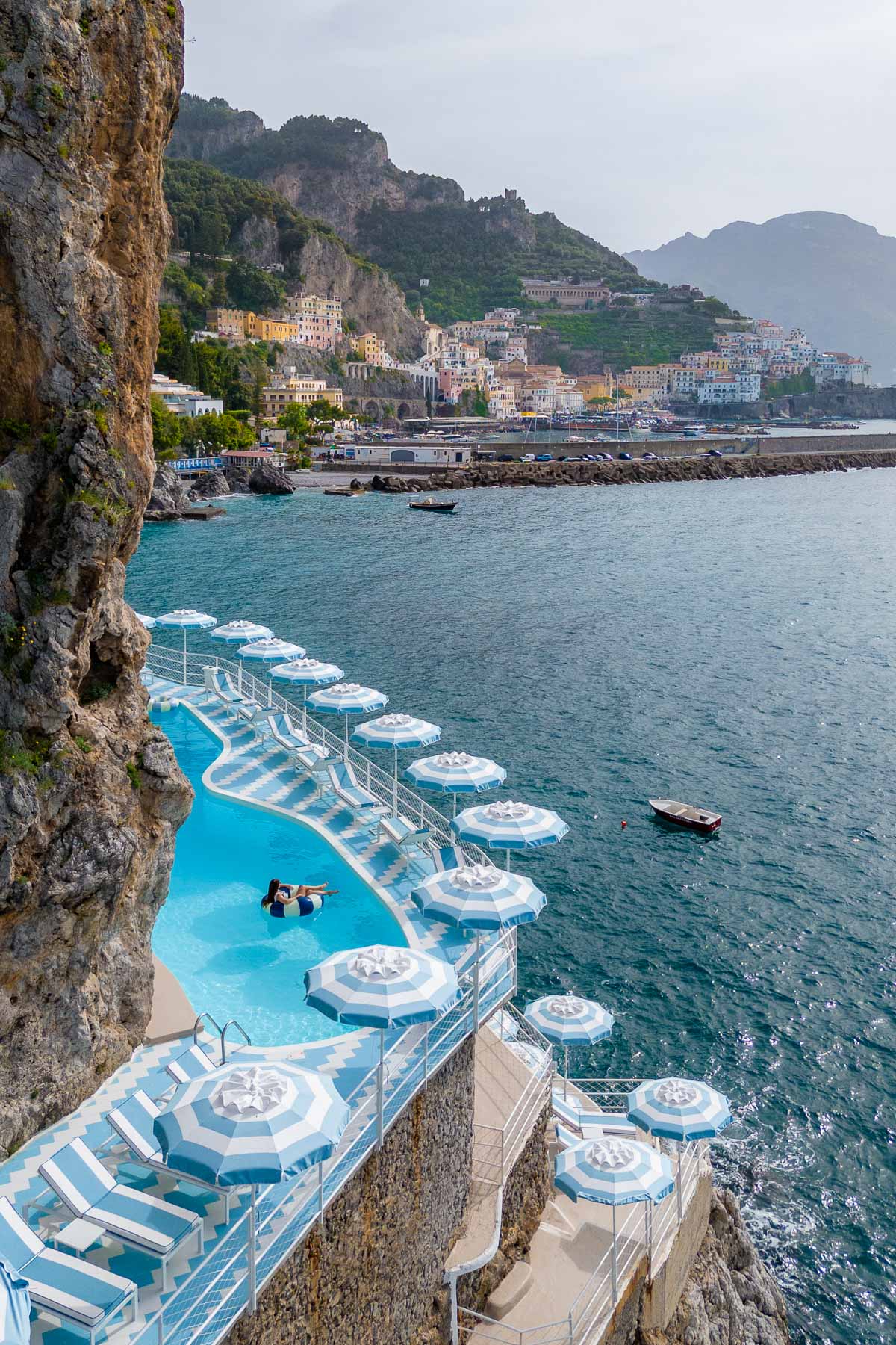 Drone photo of the cliffside pool at Hotel Miramalfi