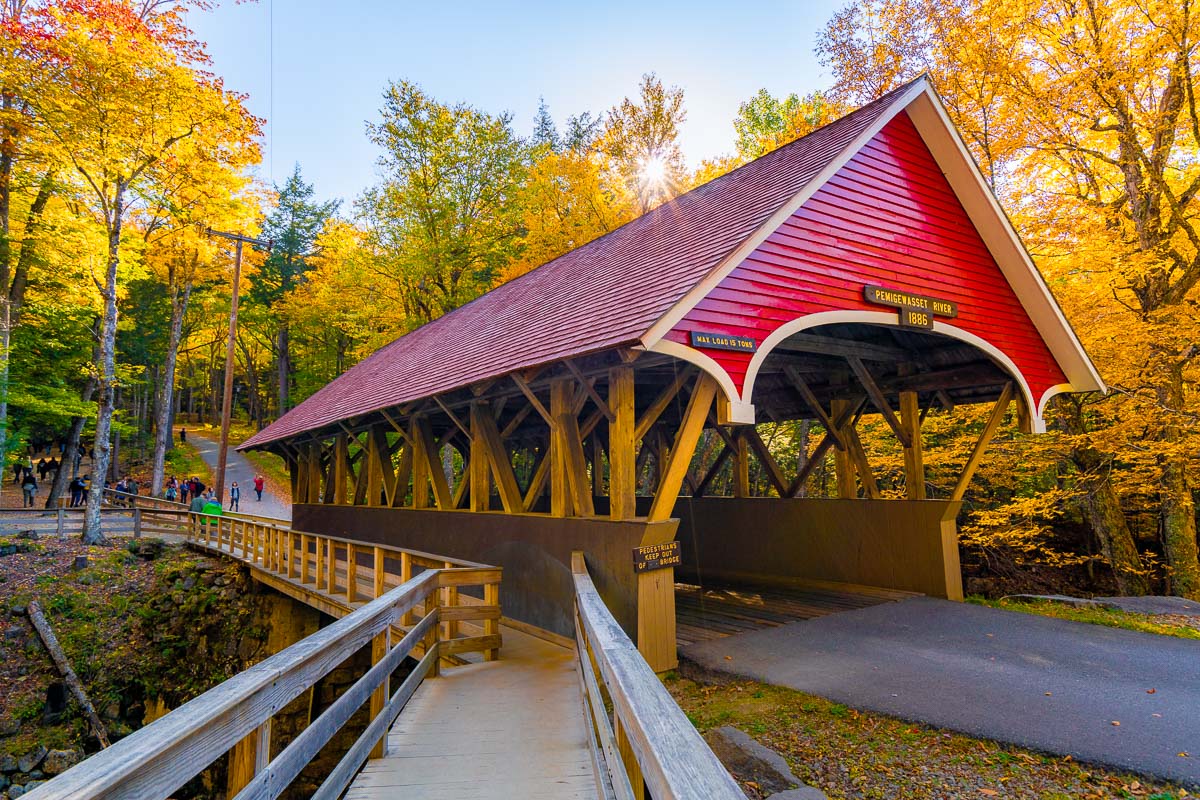Covered bridge in Flume Gorge, New Hampshire in the fall