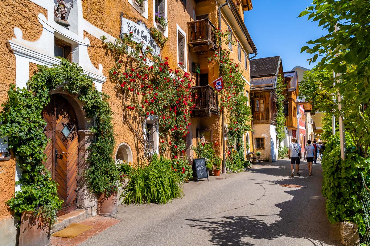 Colorful houses on the street in Hallstatt, Austria