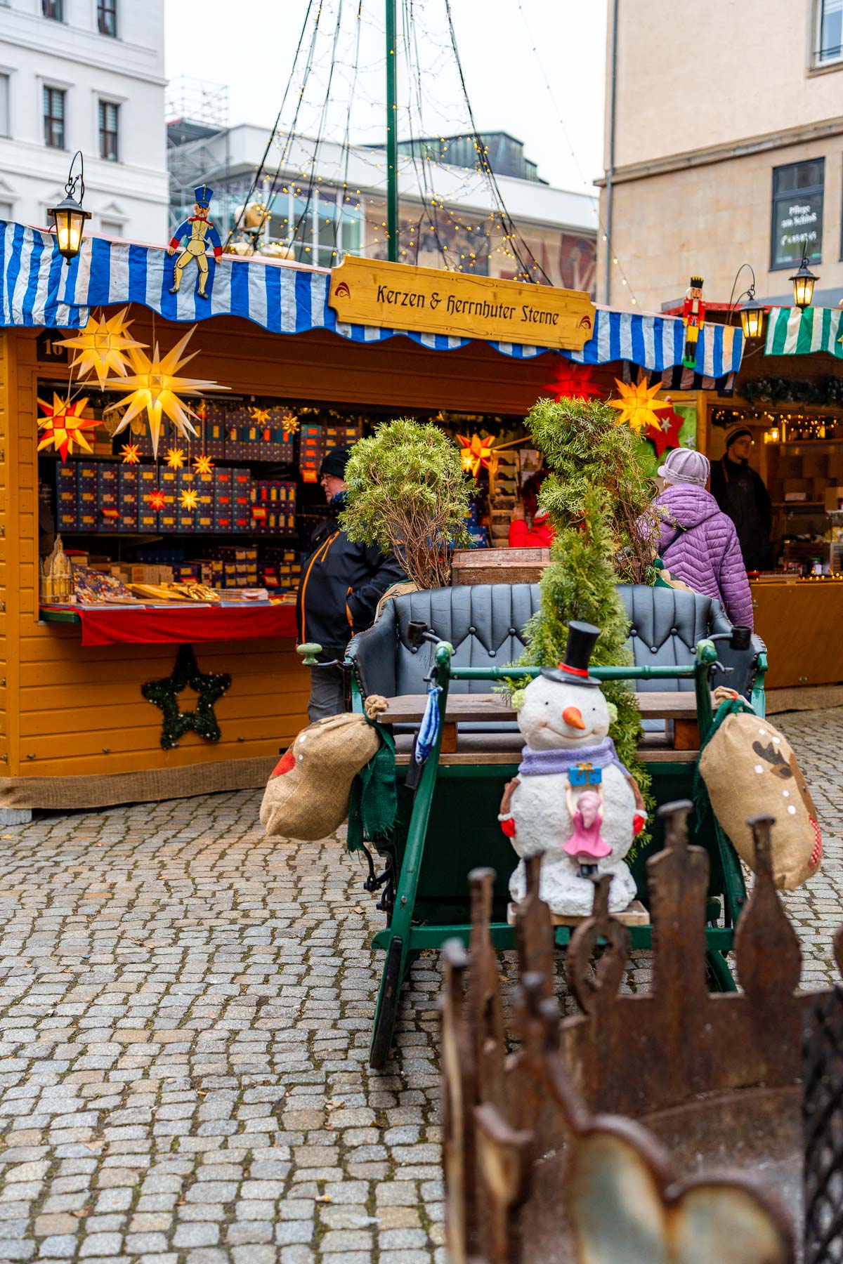 Close-up of a wooden stall at Dresden’s Romantic Christmas Market selling Herrnhut stars, with a snowman figure and greenery in front.