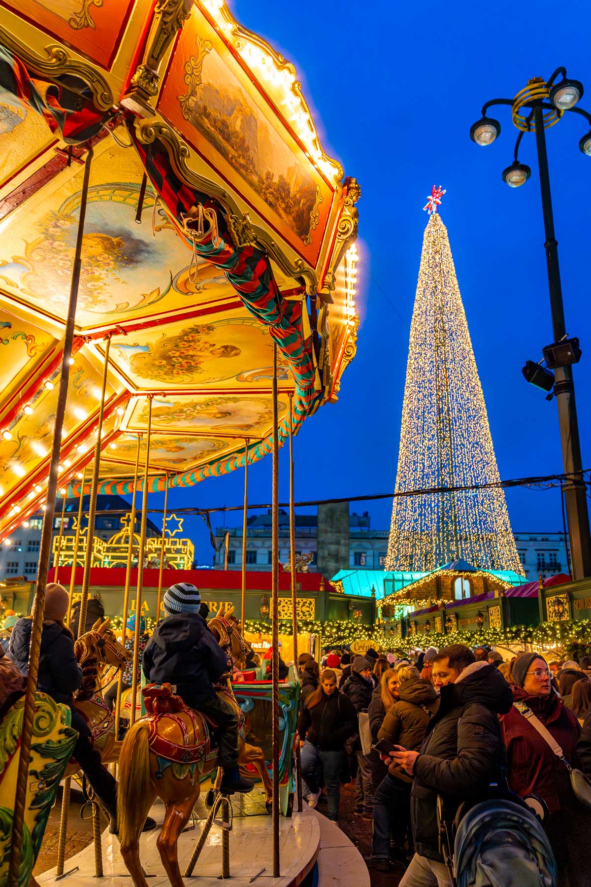 View of the Christmas carousel at Rathausmarkt in Hamburg, with kids riding wooden horses, a busy crowd around the stalls, and a tall Christmas tree lit up in the background.