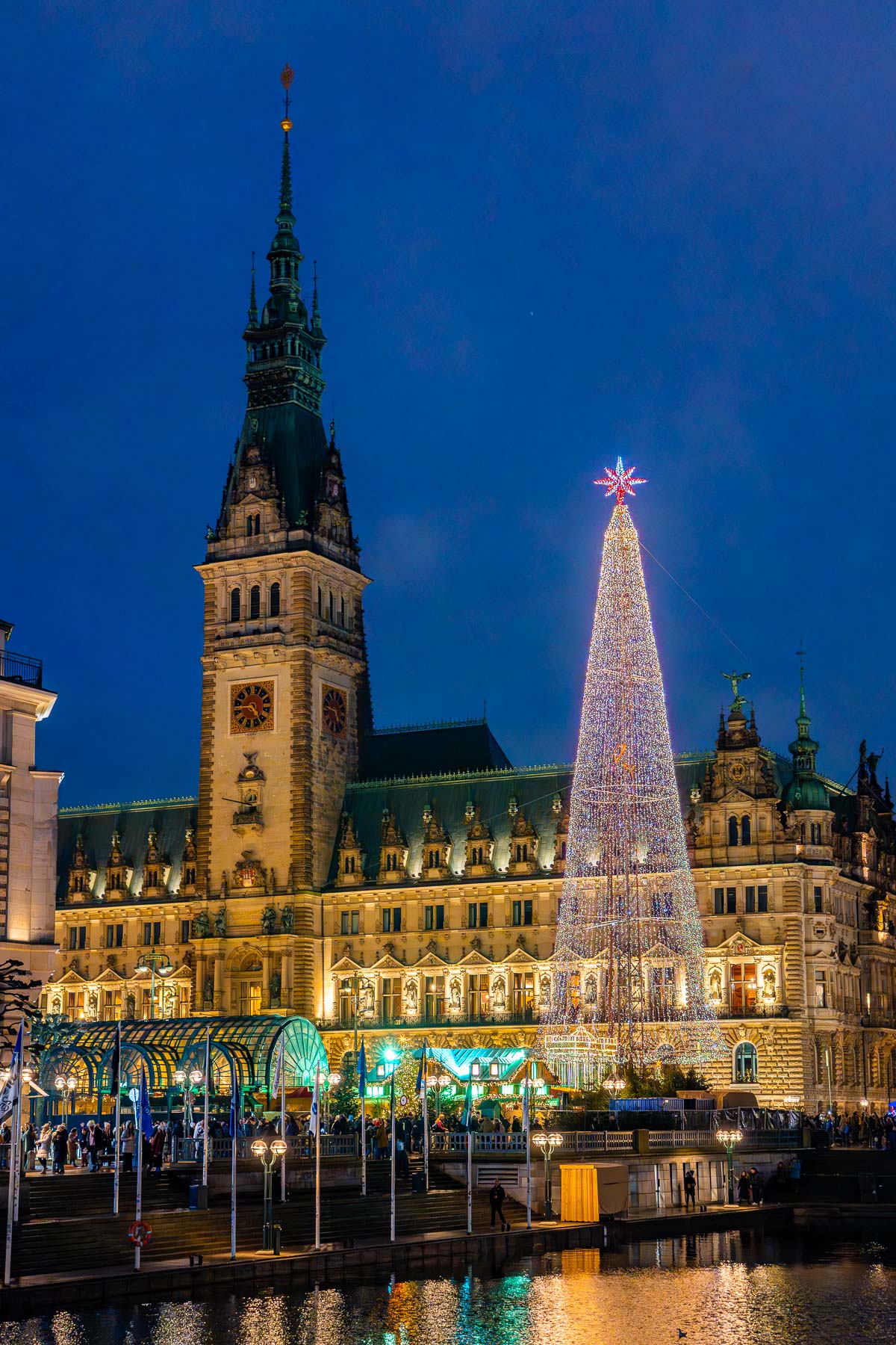 Wide evening view of Hamburg City Hall at Rathausmarkt, with the large Christmas tree in front, market stalls along the square, and reflections in the water nearby.