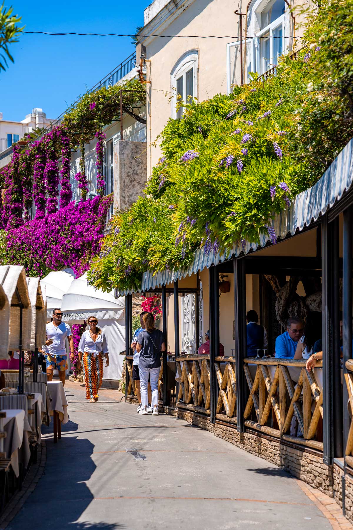 Pedestrian walkway on Via Camerelle in Capri lined with restaurants and shops, green and purple plants hanging overhead, and people walking past outdoor seating.