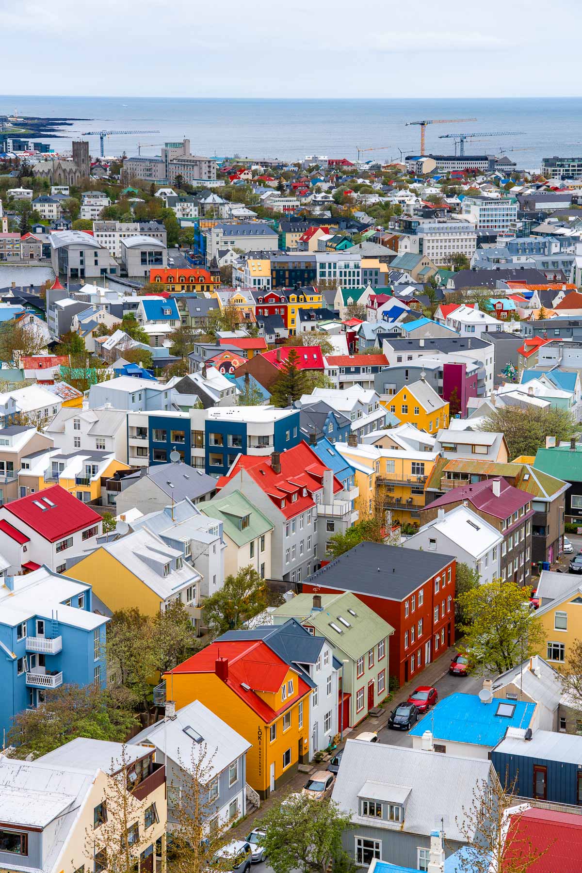 From Hallgrimskirkja, Reykjavik you can see rows of colorful houses, narrow streets, and the ocean stretching out beyond the city.