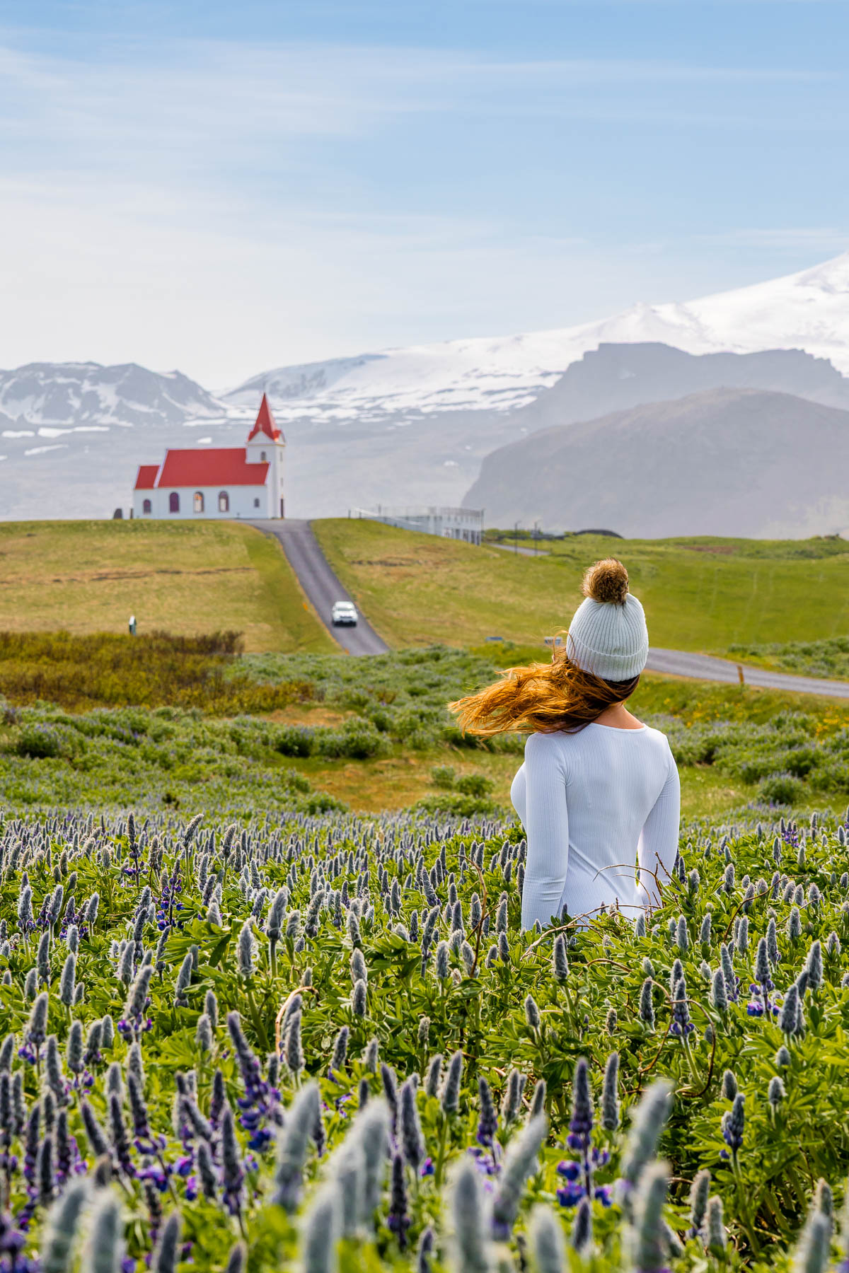 A woman in a white sweater and knit hat stands in a field of lupins facing Ingjaldsholl Church, Iceland with a red roof and snow-covered mountains in the background.