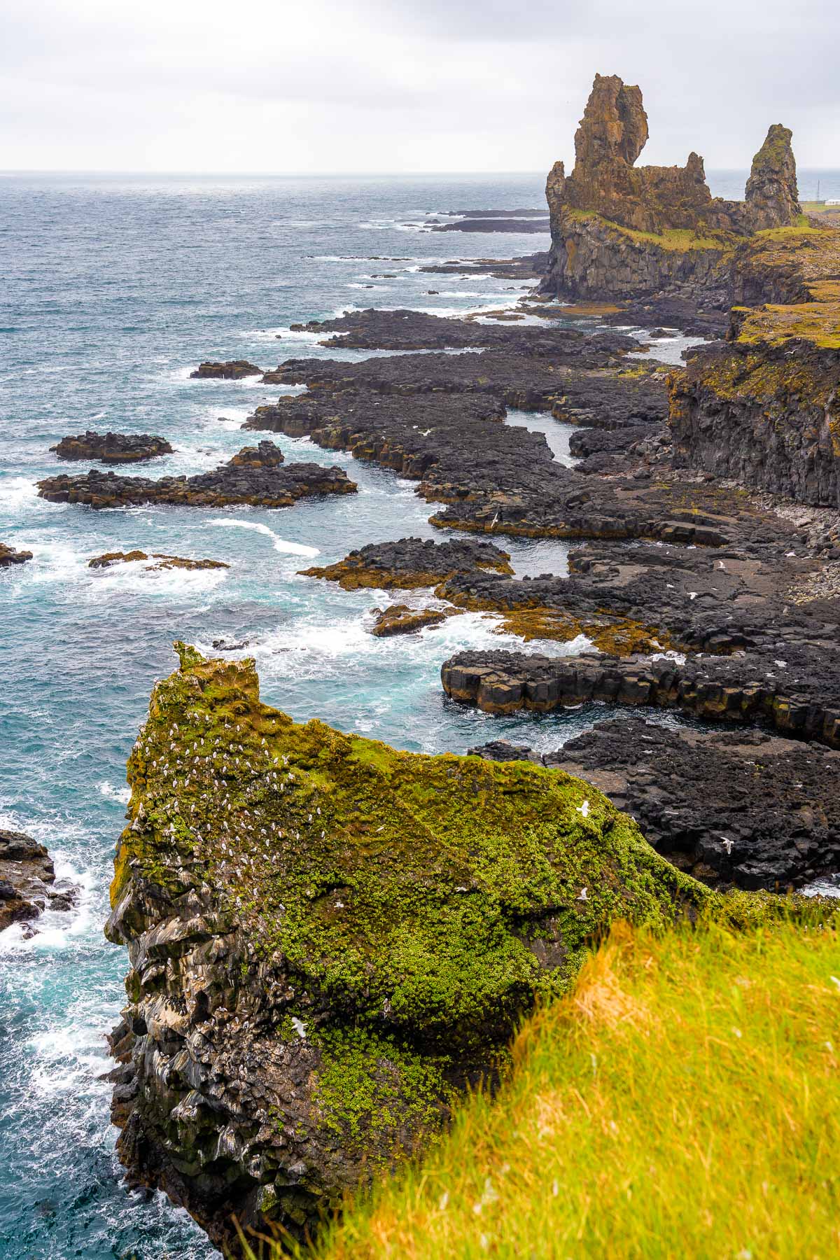Jagged sea stacks rise from the rocky coastline at Londrangar, Iceland with waves breaking against dark lava rocks and seabirds scattered along the cliffs.