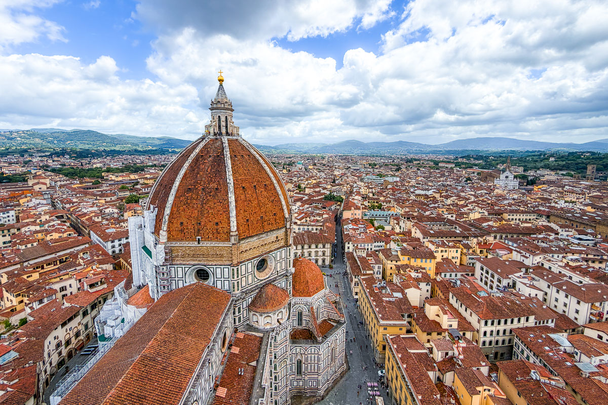 View of Florence Cathedral’s dome and the rooftops of Florence from above.